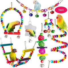7PCS Bird Toy Wood Parrot Toys Set Cage Bird Accessories Swing Suspension Bridge Ball Cage Bells Pet Supplies