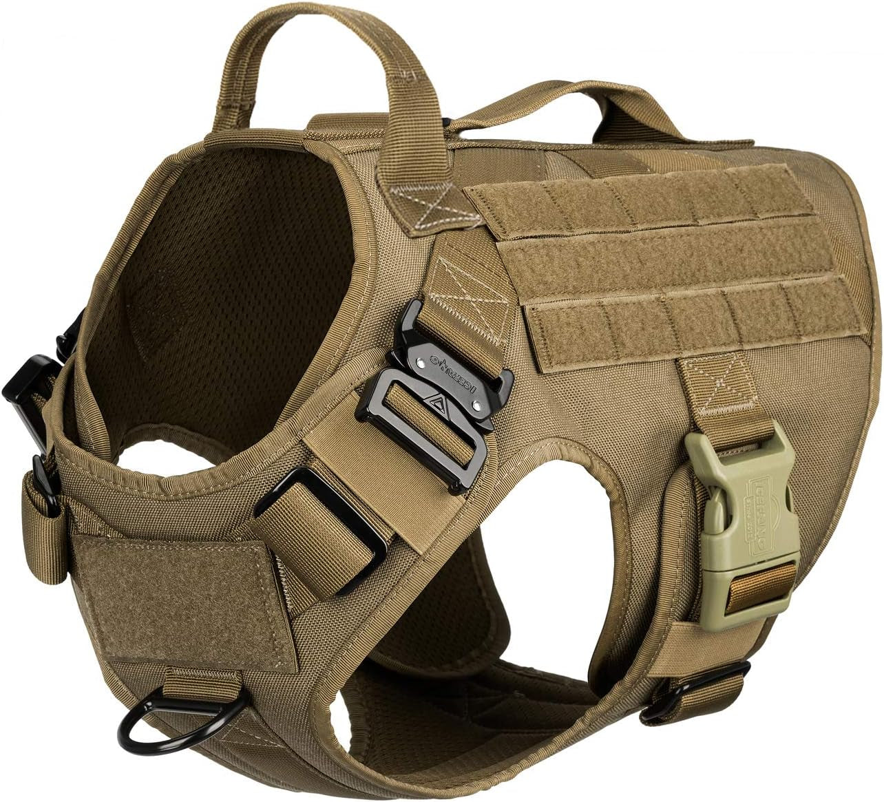 Tactical Dog Harness 2X Handle,Working Dog MOLLE Vest,No Pulling Front Leash Clip,Hook and Loop for Dog Patch (XL (Neck:20"-28" ; Chest:32"-39"), Coyote Brown)