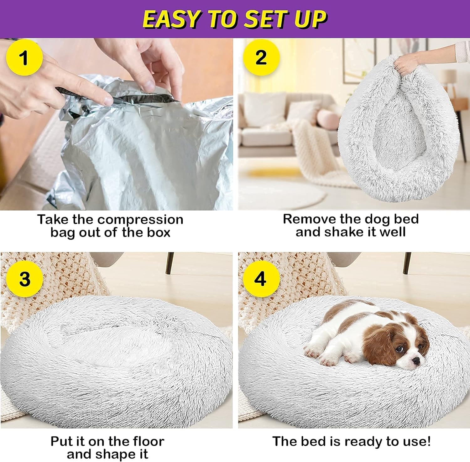 Calming Dog Bed for Small Dogs - Cozy Faux Fur anti Anxiety Dog Cuddler Bed – Ultra Soft Fluffy Donut Dog Bed – Luxury round Cat Cushion Bed – Comfy Plush Pet Bed for Small Dogs Cats (23 Inch, Frost)