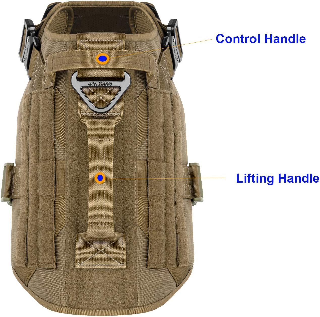 Tactical Dog Harness 2X Handle,Working Dog MOLLE Vest,No Pulling Front Leash Clip,Hook and Loop for Dog Patch (XL (Neck:20"-28" ; Chest:32"-39"), Coyote Brown)