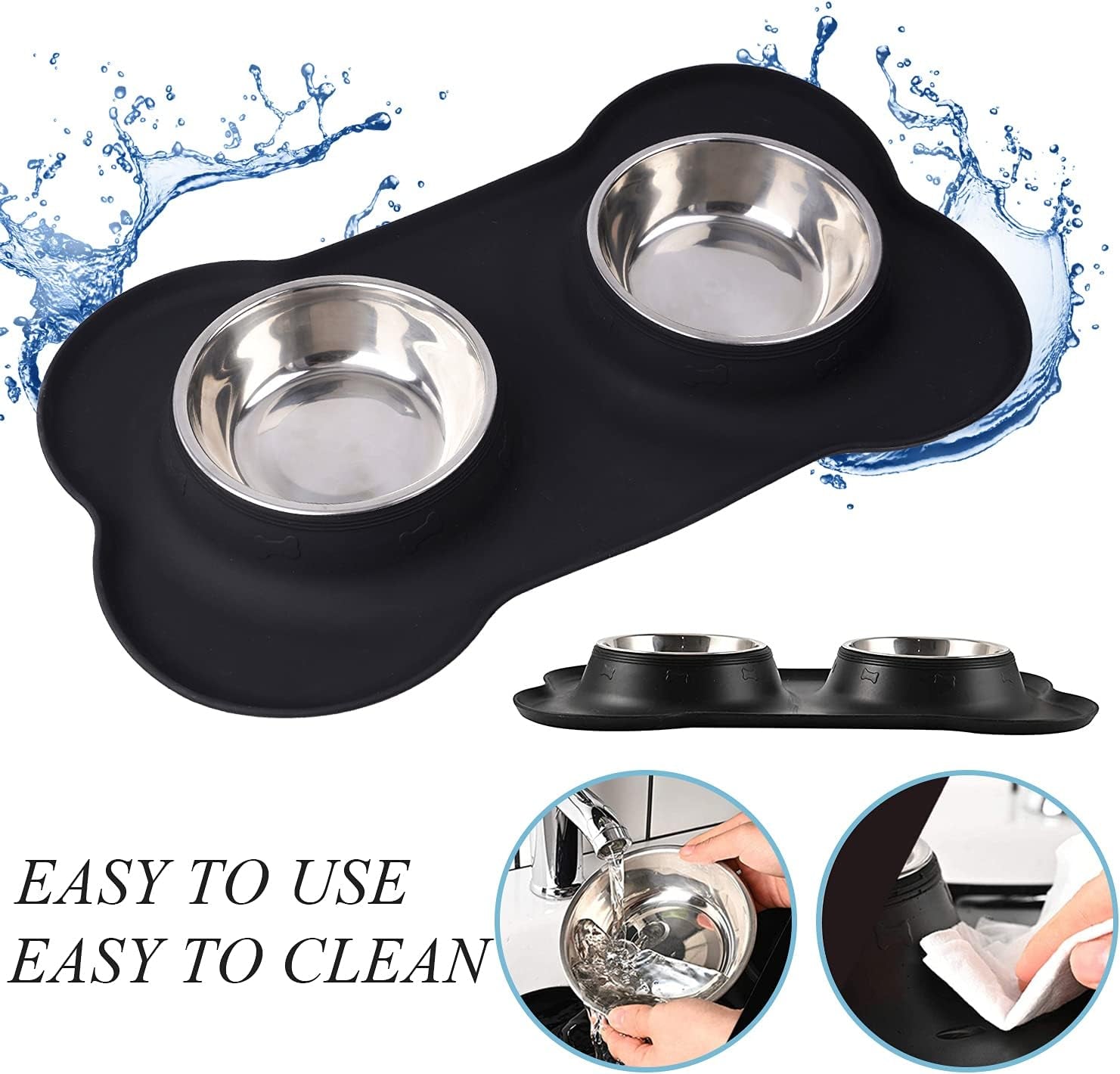 Pet Dog Bowls Set, 2 Stainless Steel No Spill Water Bowls for Dog, Water Feeder Bowls with Skid Resistant Silicone Mat, Dog Bowls Small Size Dog, Pet Puppy Bowls & Dog Dishes for Medium, Large Dogs